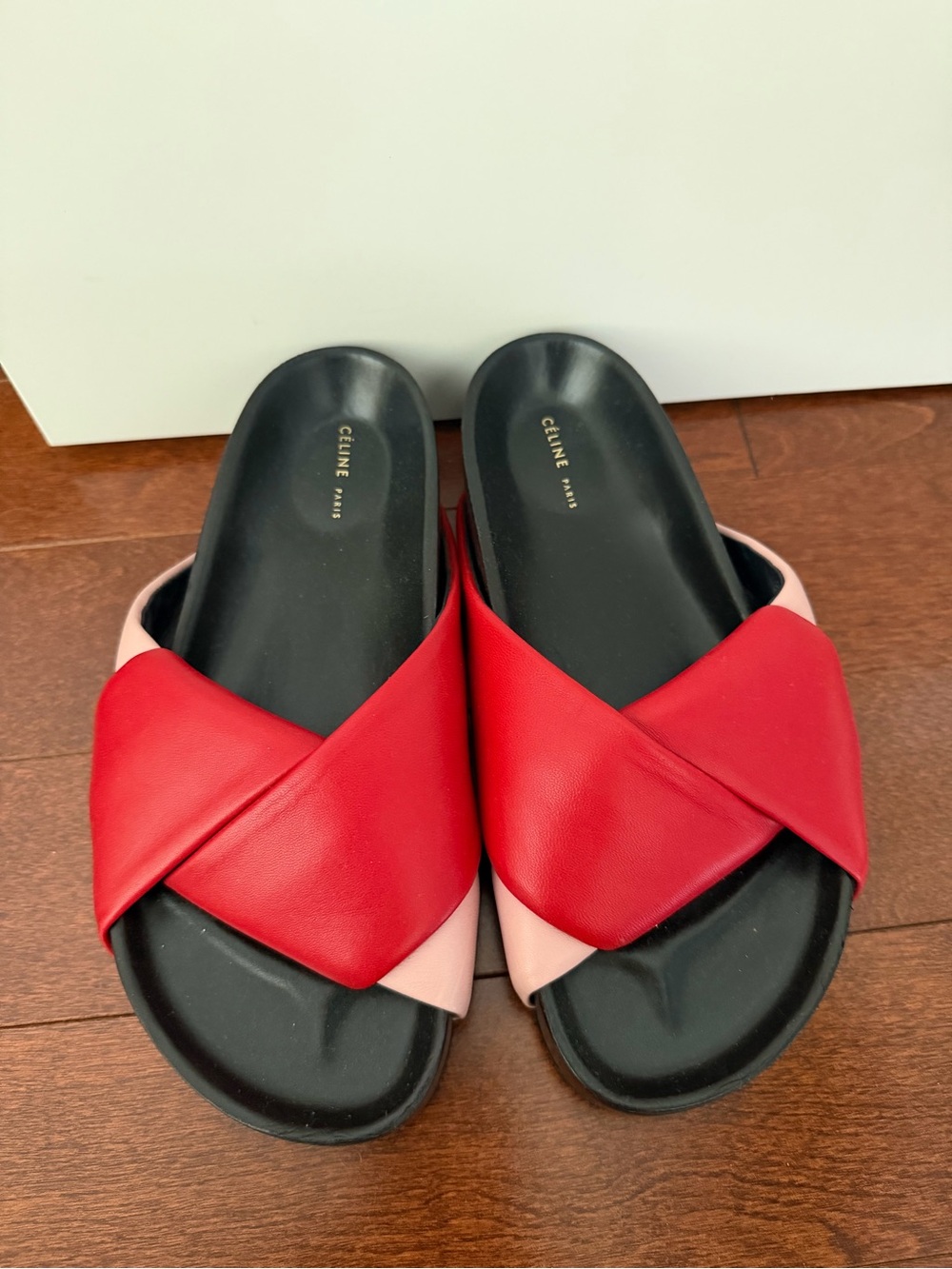 Celine Red & Light Pink Leather Crossover Slide Mules